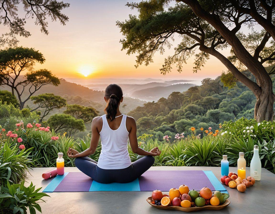 A serene landscape depicting a person practicing yoga at sunrise, symbolizing global well-being and balance. Surround them with symbols of health like fruits, water, and mindfulness tools, while nature thrives around them, showcasing harmony. Soft pastel colors convey tranquility and peace. super-realistic. vibrant colors. white background.
