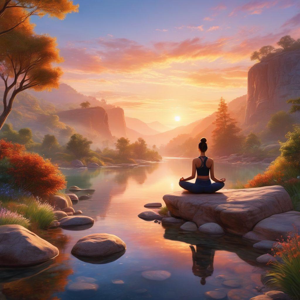 A serene landscape depicting a harmonious blend of nature and modern wellness elements, featuring a tranquil person practicing yoga on a cliff overlooking a lush valley, surrounded by vibrant flora and soothing water streams. The sky is a gradient of warm colors, symbolizing balance between sunrise and sunset. Integrate symbols of holistic health like herbal plants and meditation stones for added depth. super-realistic. vibrant colors. peaceful atmosphere.