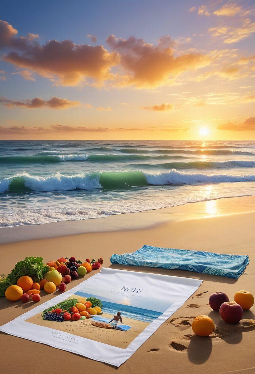 A serene scene depicting a person practicing yoga at sunrise on a peaceful beach, surrounded by fresh fruits and vegetables, symbolizing nutrition and fitness. Incorporate elements of meditation and self-improvement like a journal and mindfulness cards in the foreground. The ocean waves gently lapping at the shore create a sense of tranquility. vibrant colors. super-realistic.